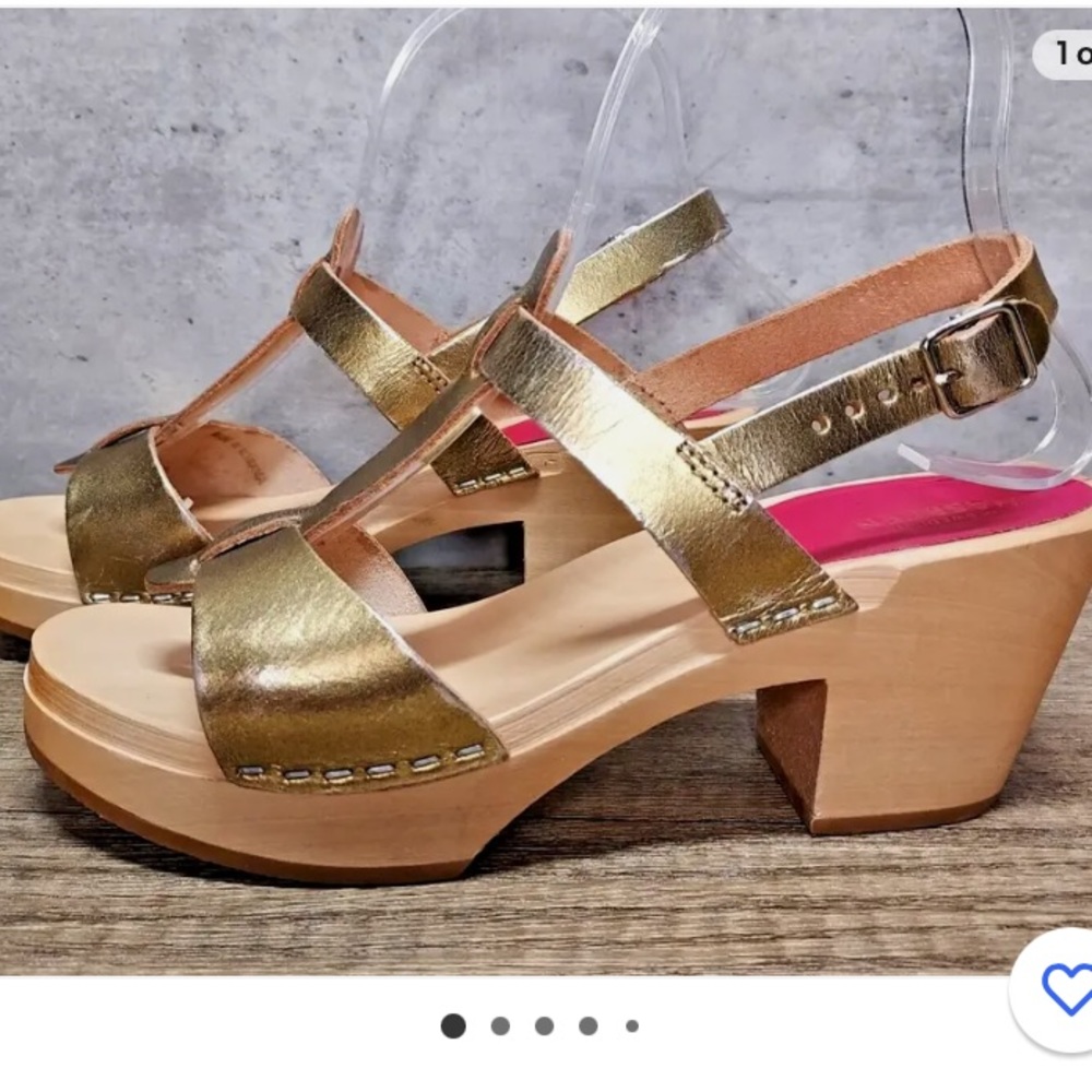 Swedish Hasbeens Gold Sandals with Chunky Wooden Heel
